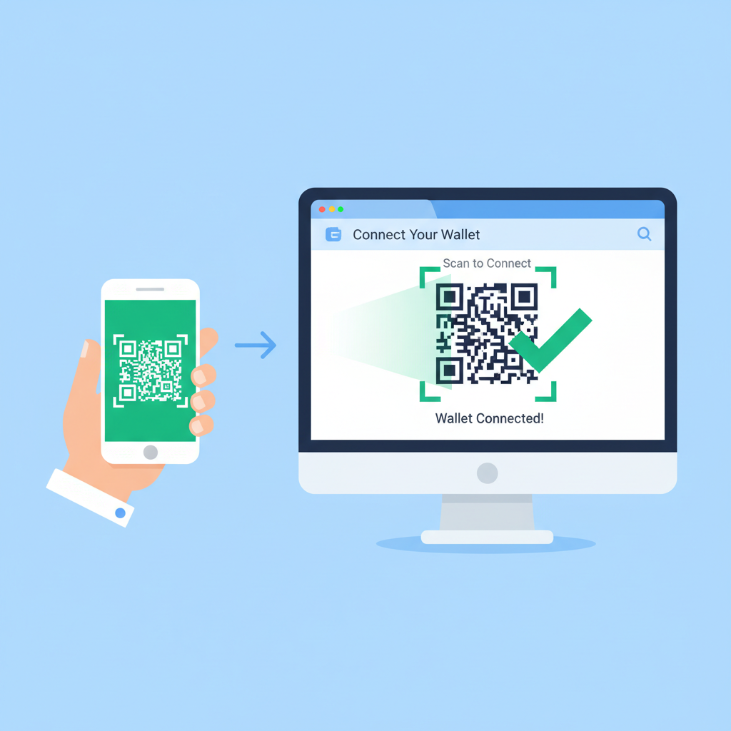 user connecting wallet to web app via QR code scan, modern UI, green checkmark