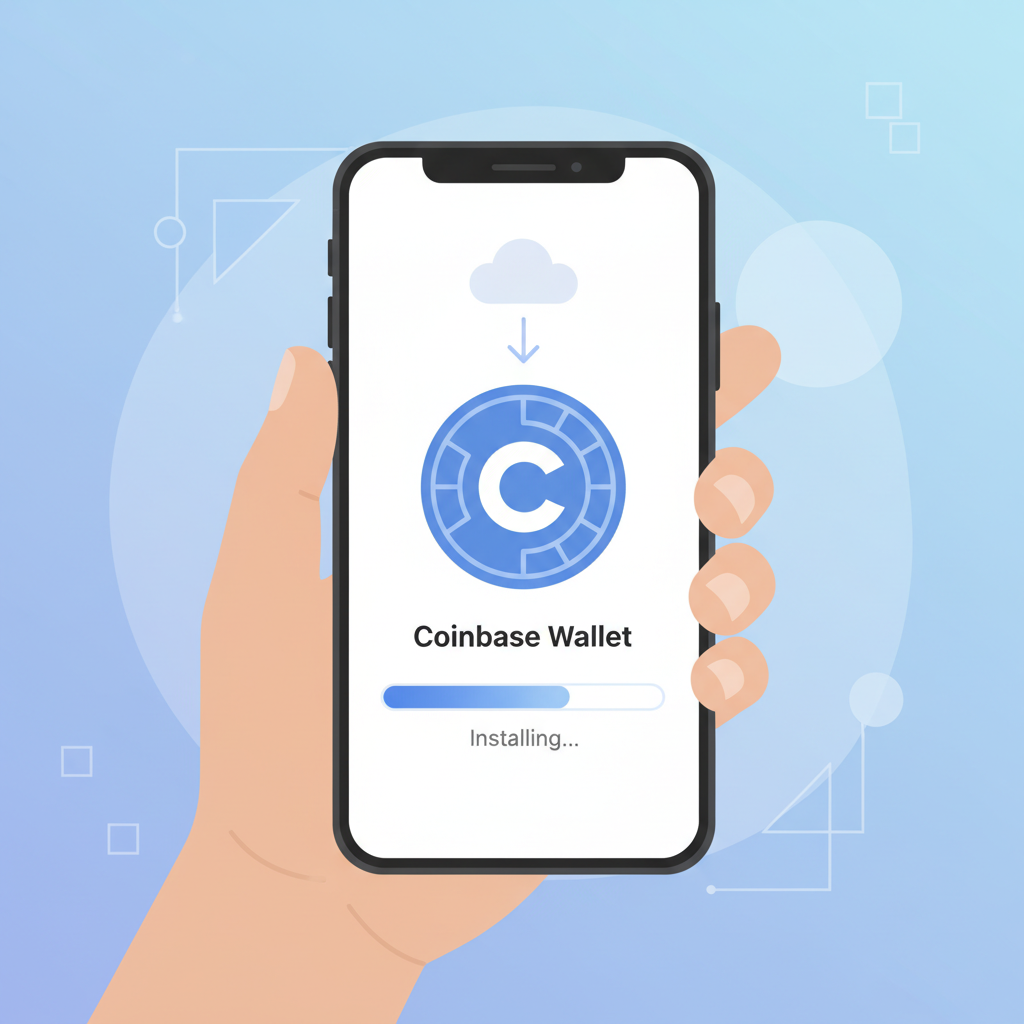 clean illustration of smartphone installing Coinbase Wallet app, beginner friendly, blue tones