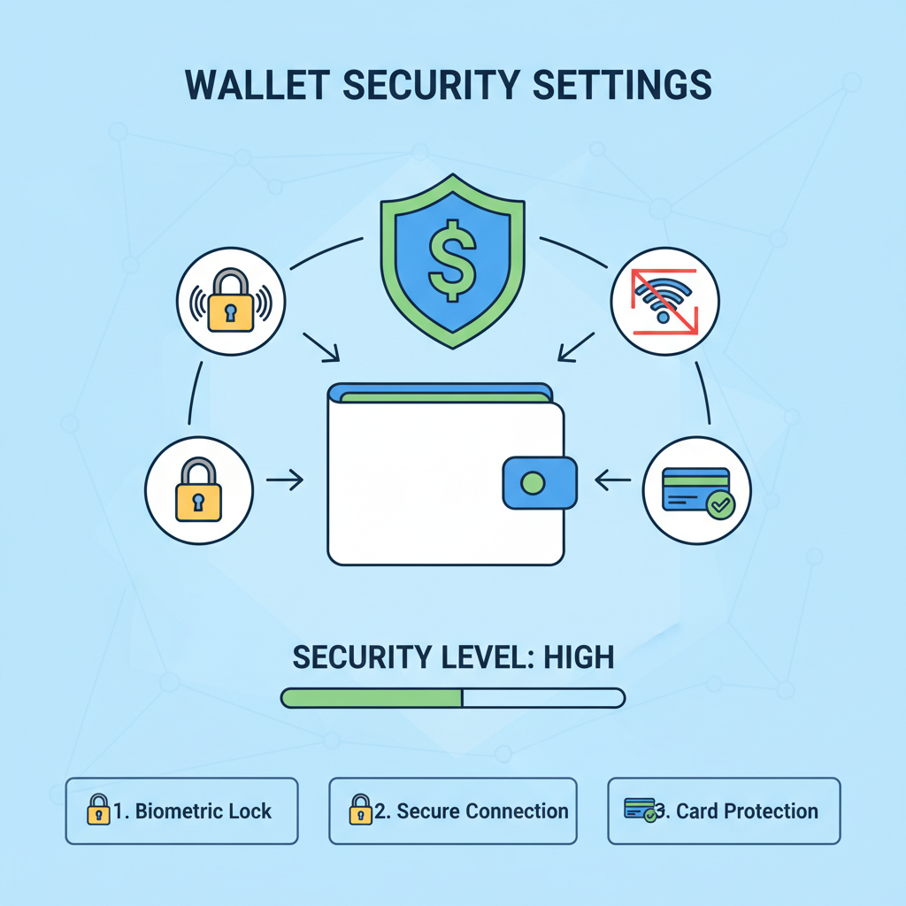 illustration of wallet security settings with lock icons, shield emblem, secure vibe