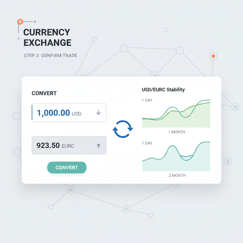 Currency conversion interface on trading platform, USD to EURC, charts showing stability, modern fintech dashboard