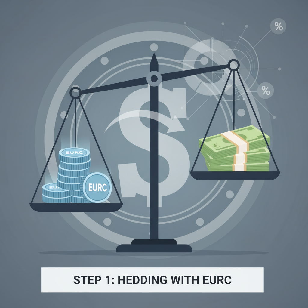 Balanced scale with EURC tokens and euro bills, hedging concept, secure vault background, analytical graphic