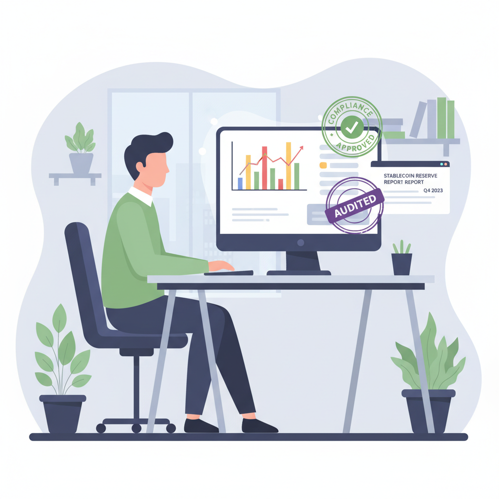 Auditor reviewing stablecoin reserve reports on screen, charts and compliance stamps, professional office environment
