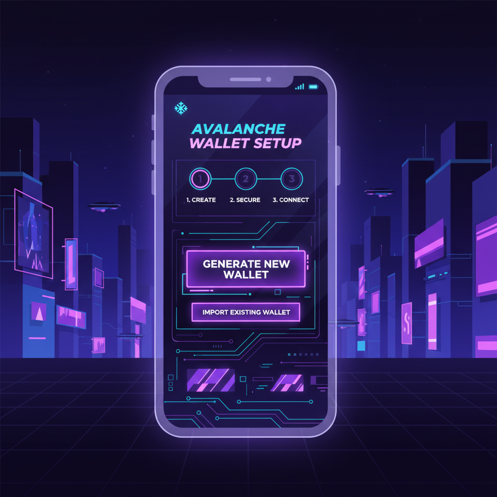 sleek mobile wallet app interface setup screen on Avalanche blockchain, futuristic purple neon glow, high-tech UI, cyberpunk style --ar 16:9