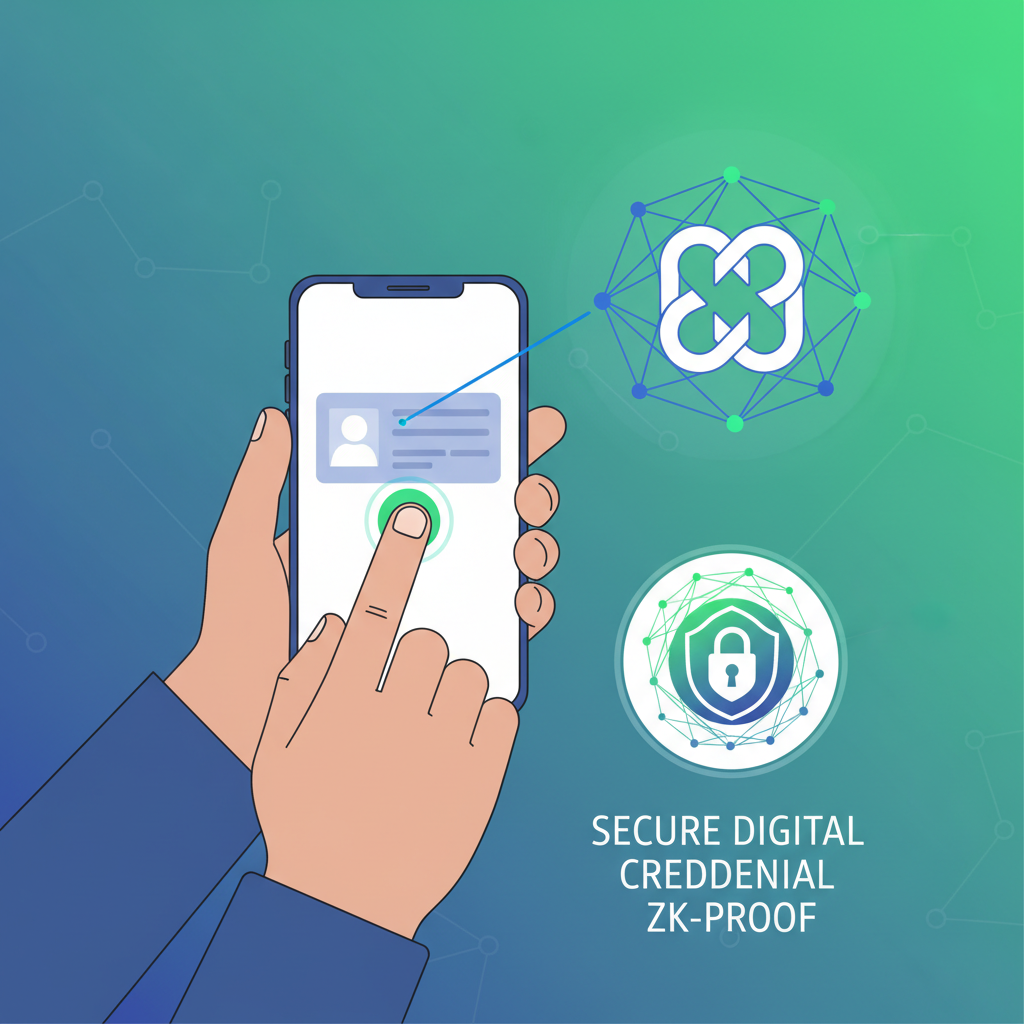 user scanning ID on phone for zkKYC zero-knowledge proof, glowing proof icon emerging, secure digital credential, vibrant blues and greens --ar 16:9