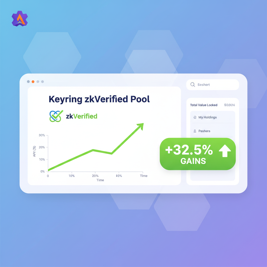 DeFi dashboard showing Keyring zkVerified pool with 25-35% yield chart spiking up, Avalanche logo, zero-knowledge verification checkmark, bold green gains --ar 16:9