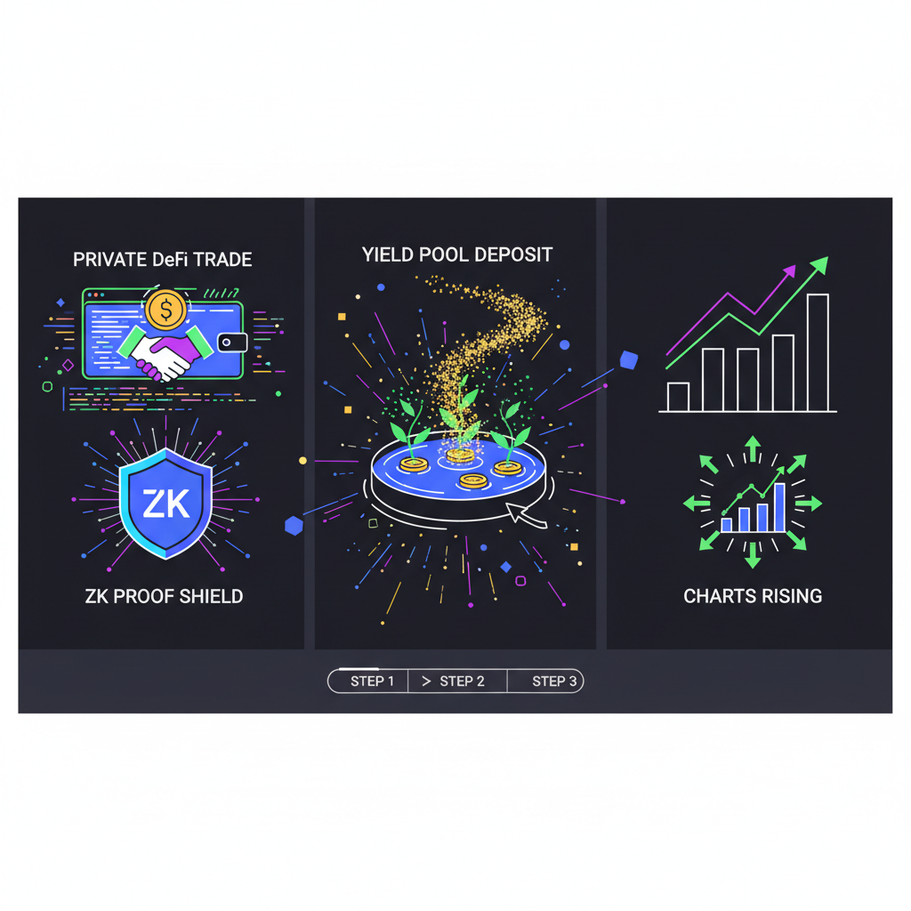 executing private DeFi trade in wallet, yield pool deposit animation, charts rising, zk proof shield protecting data, explosive energy, neon effects --ar 16:9