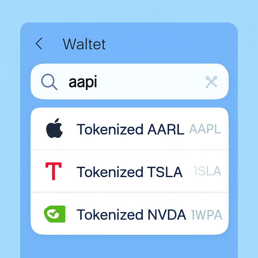 Telegram Wallet search bar with tokenized AAPL TSLA NVDA results, stock icons