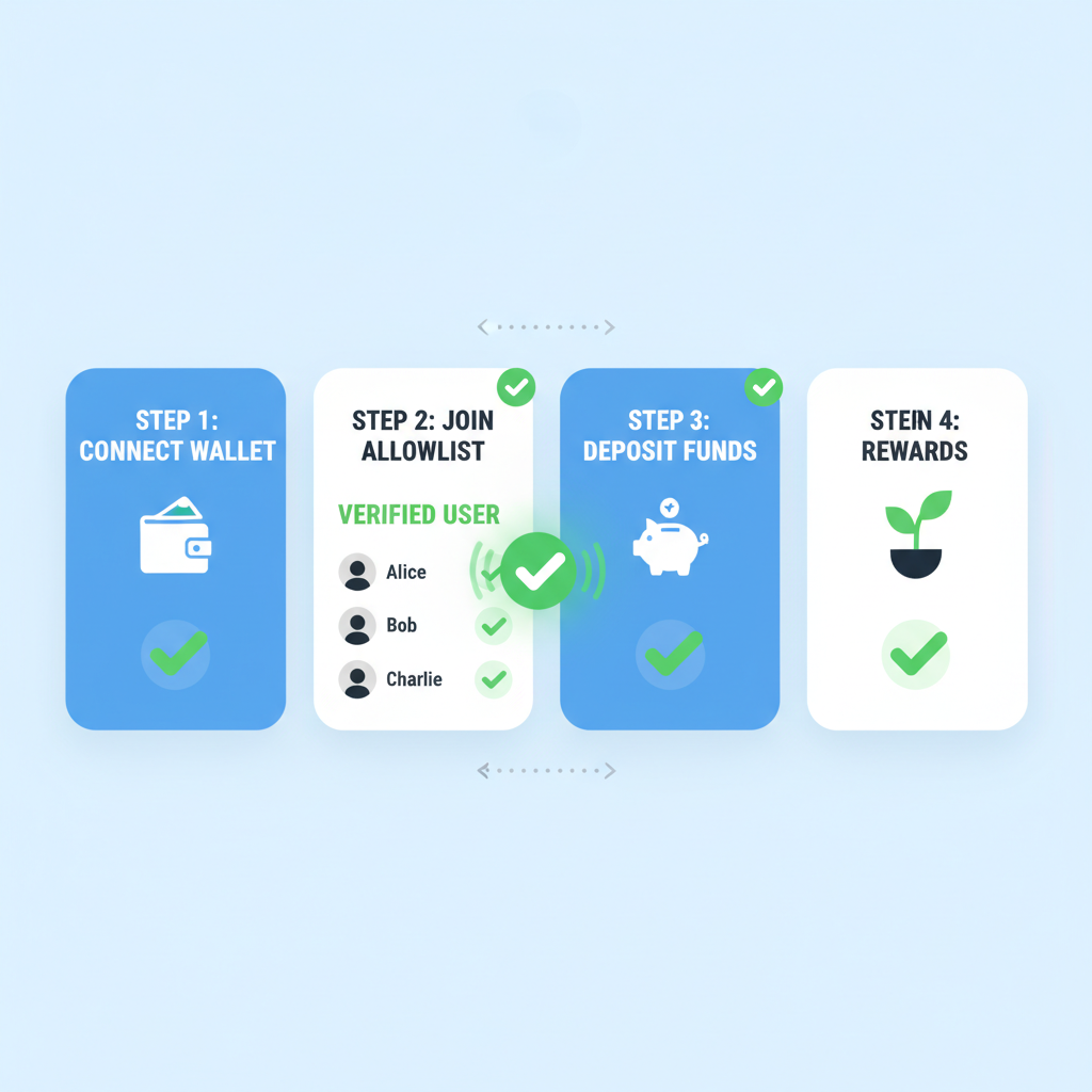 DeFi dashboard showing dynamic green checkmarks for verified allowlist users