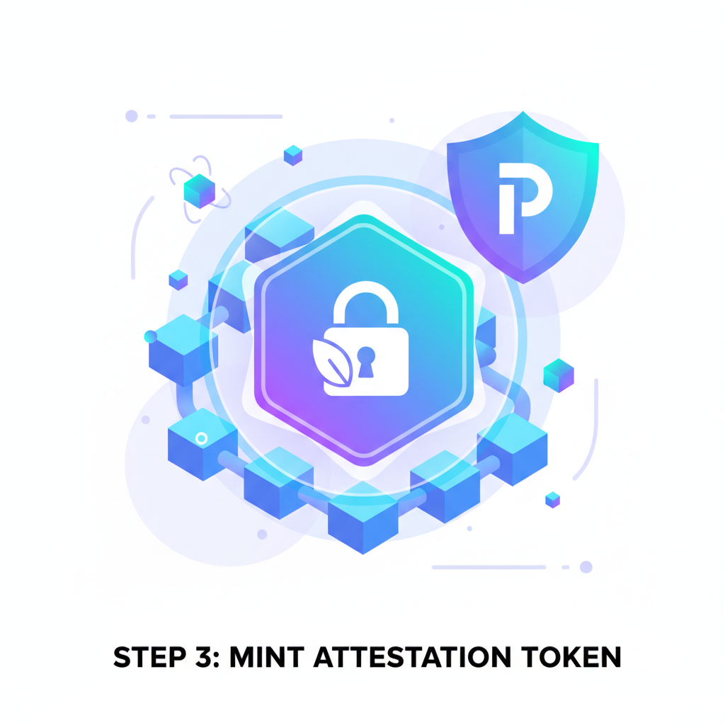 blockchain minting glowing attestation token with privacy shield icon
