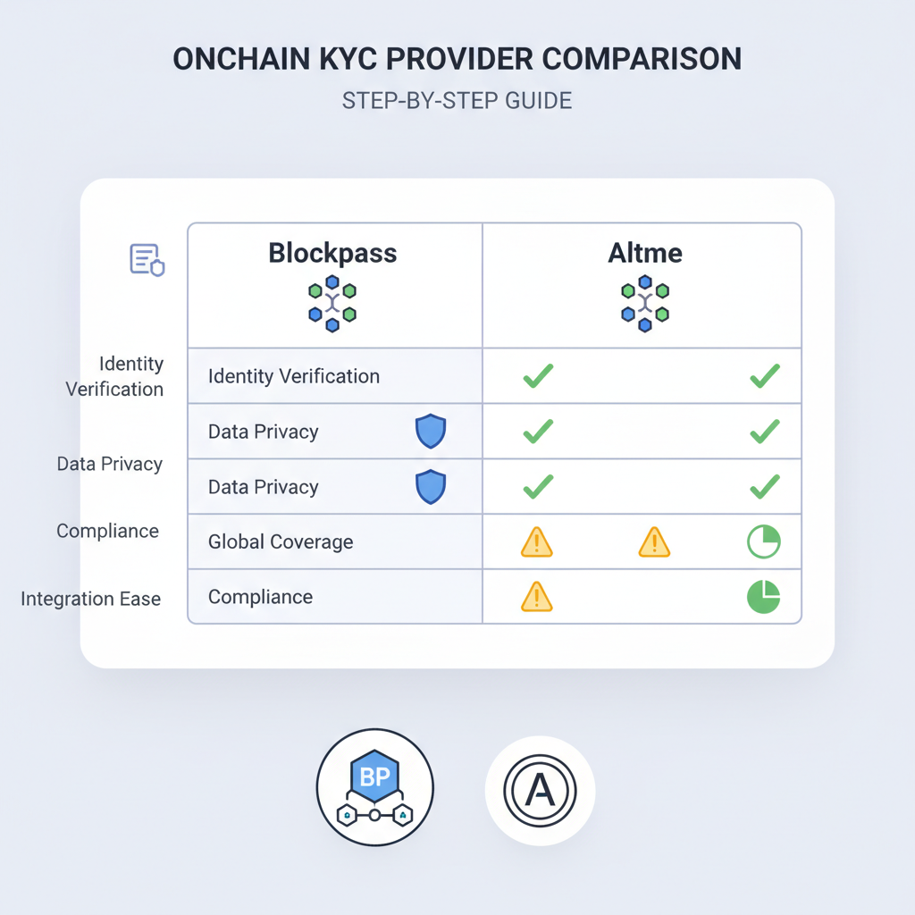sleek dashboard comparing onchain KYC providers like Blockpass and Altme with blockchain icons