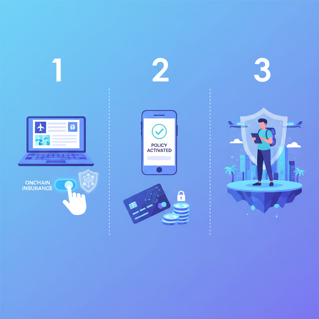 onchain insurance toggle blockchain shield travel booking, futuristic digital nomad