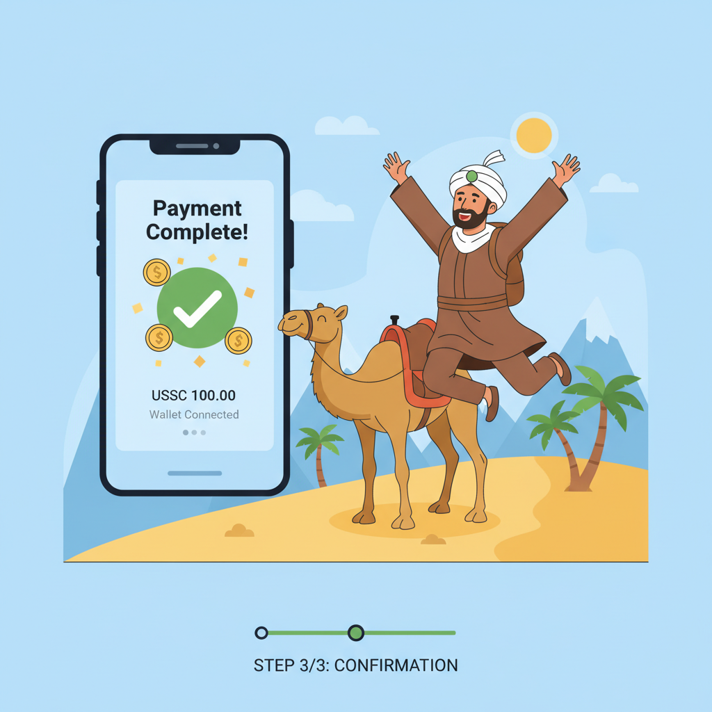 USDC payment checkout screen wallet connect, success animation, nomad celebrating