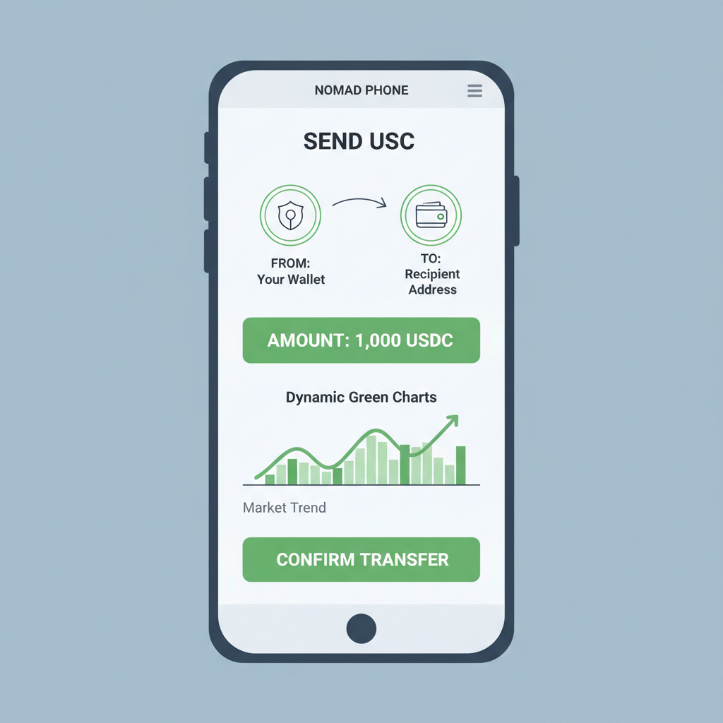 crypto transfer USDC wallet screen nomad phone, dynamic green charts, mobile interface