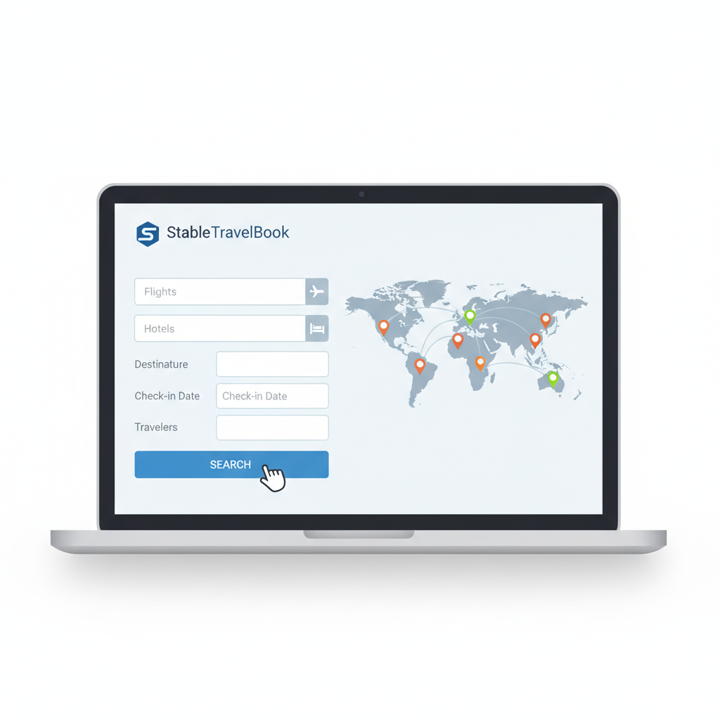 laptop screen stabletravelbook search flights hotels, world map pins, modern UI