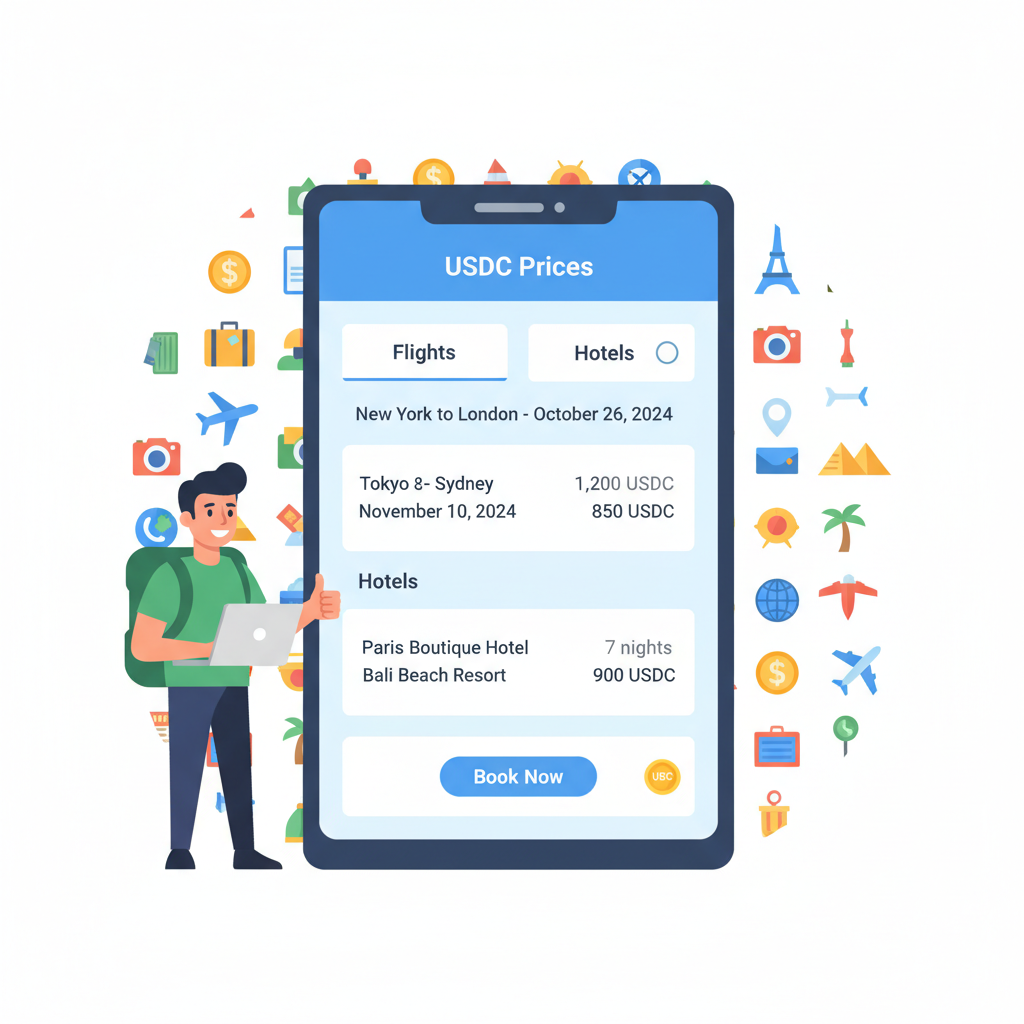 booking screen flights hotels USDC prices, digital nomad thumbs up, colorful travel icons