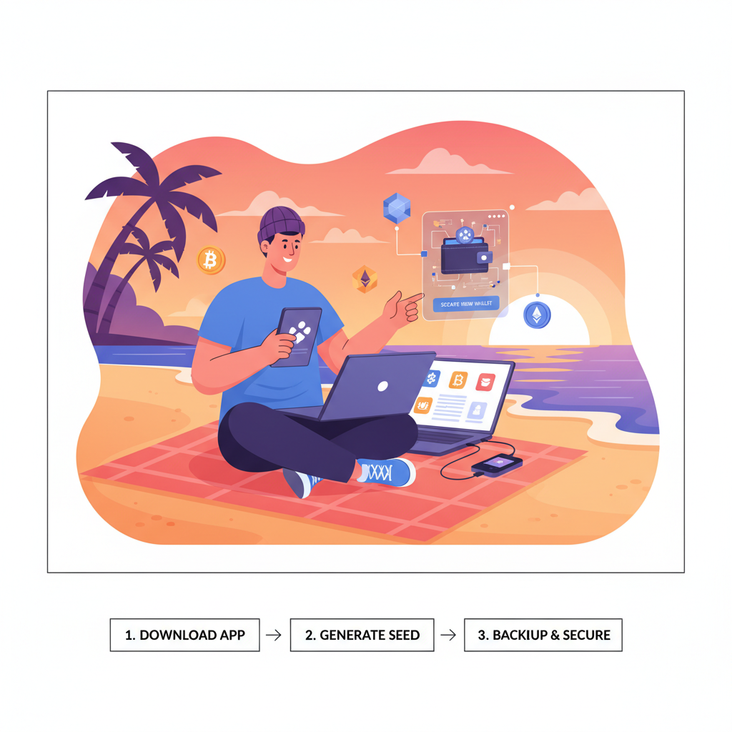 digital nomad on beach laptop setting up crypto wallet, vibrant sunset, practical tech vibe