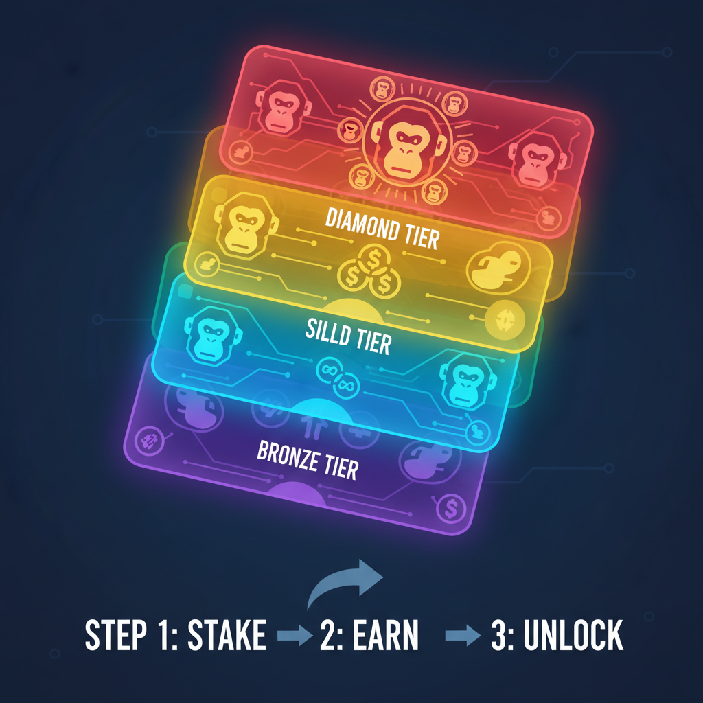 vibrant stackable NFT loyalty cards glowing with crypto energy, futuristic design, ChimpersHQ style