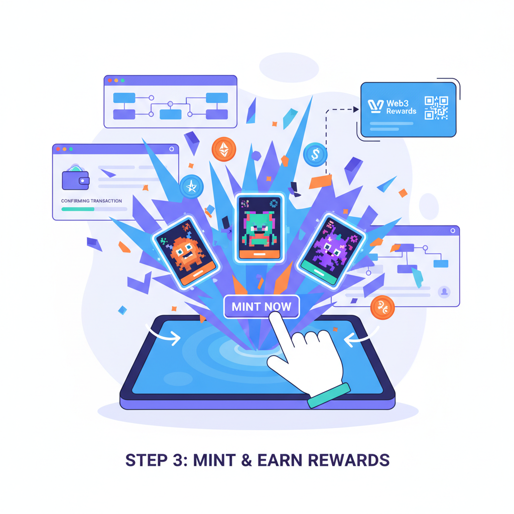 NFT minting explosion during online purchase, loyalty card popping out, dynamic Web3 interface