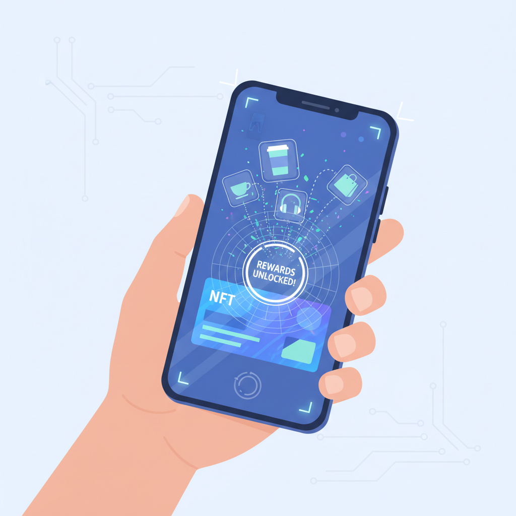AR augmented reality NFT loyalty card scanning to reveal physical rewards, futuristic overlay