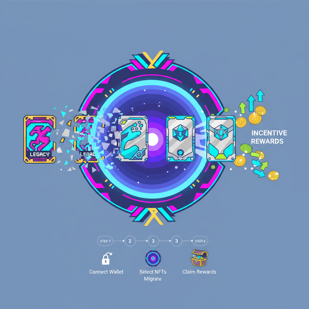 NFT migration portal glowing, legacy cards transforming, incentive rewards flying out