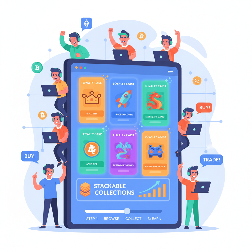 bustling NFT marketplace trading loyalty cards, stackable collections, crypto traders excited