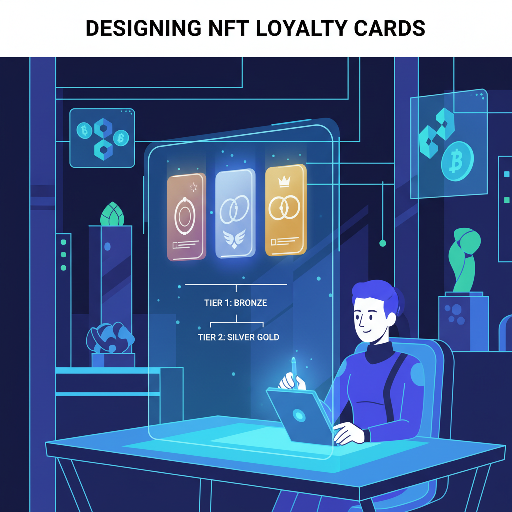 artist designing glowing NFT loyalty cards with tiers, holographic displays, crypto art studio vibe