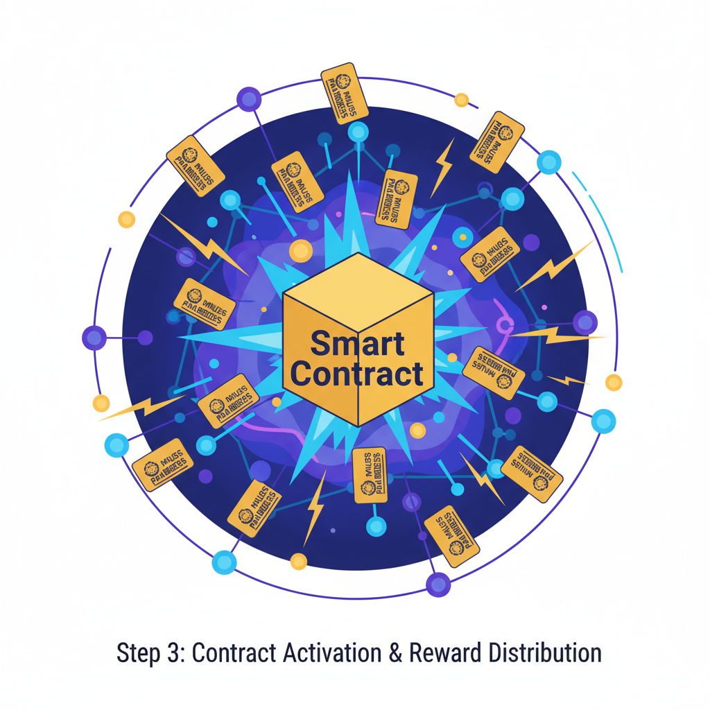 exploding NFT contract deployment animation, golden loyalty cards flying out, blockchain nodes connecting, vibrant energy bursts