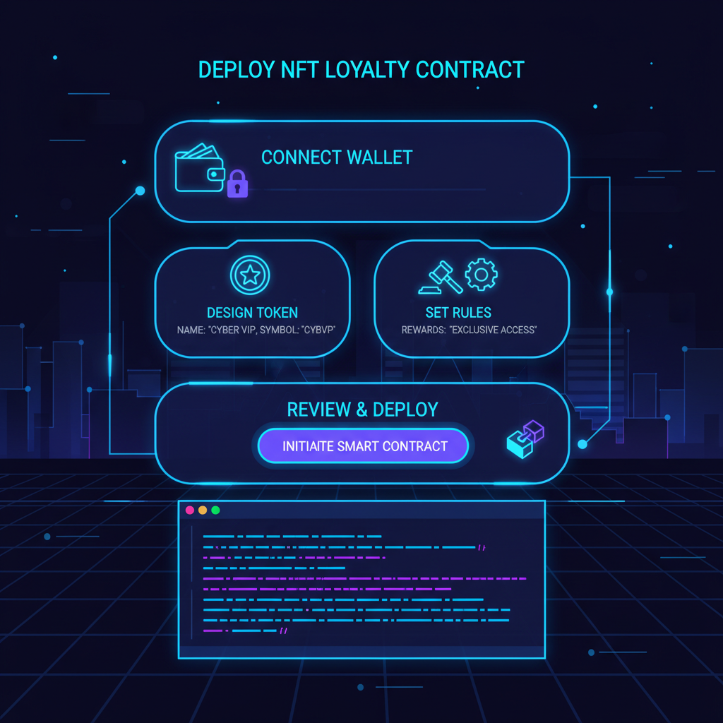 sleek dashboard interface deploying NFT loyalty contract, neon blue and purple cyberpunk style, futuristic UI elements