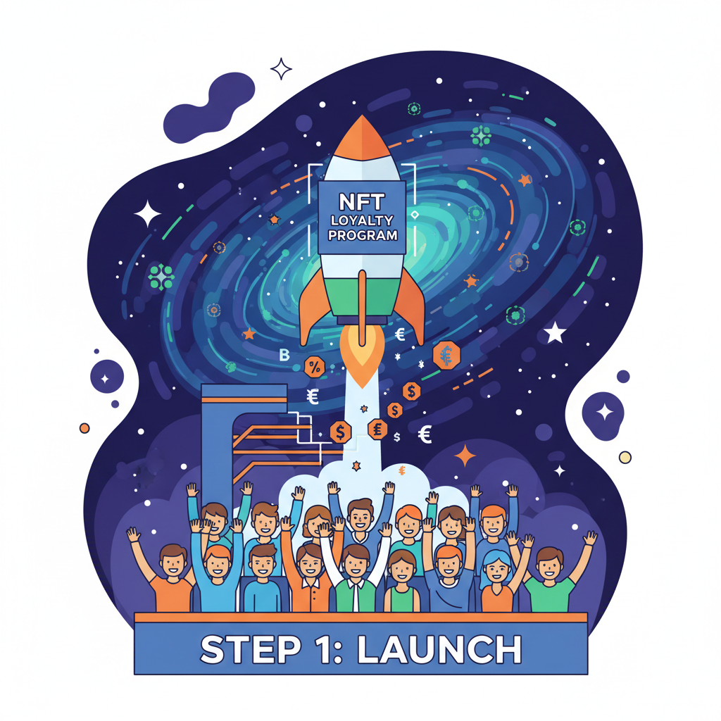rocket ship launching NFT loyalty program into space, crowd cheering below, starry blockchain galaxy