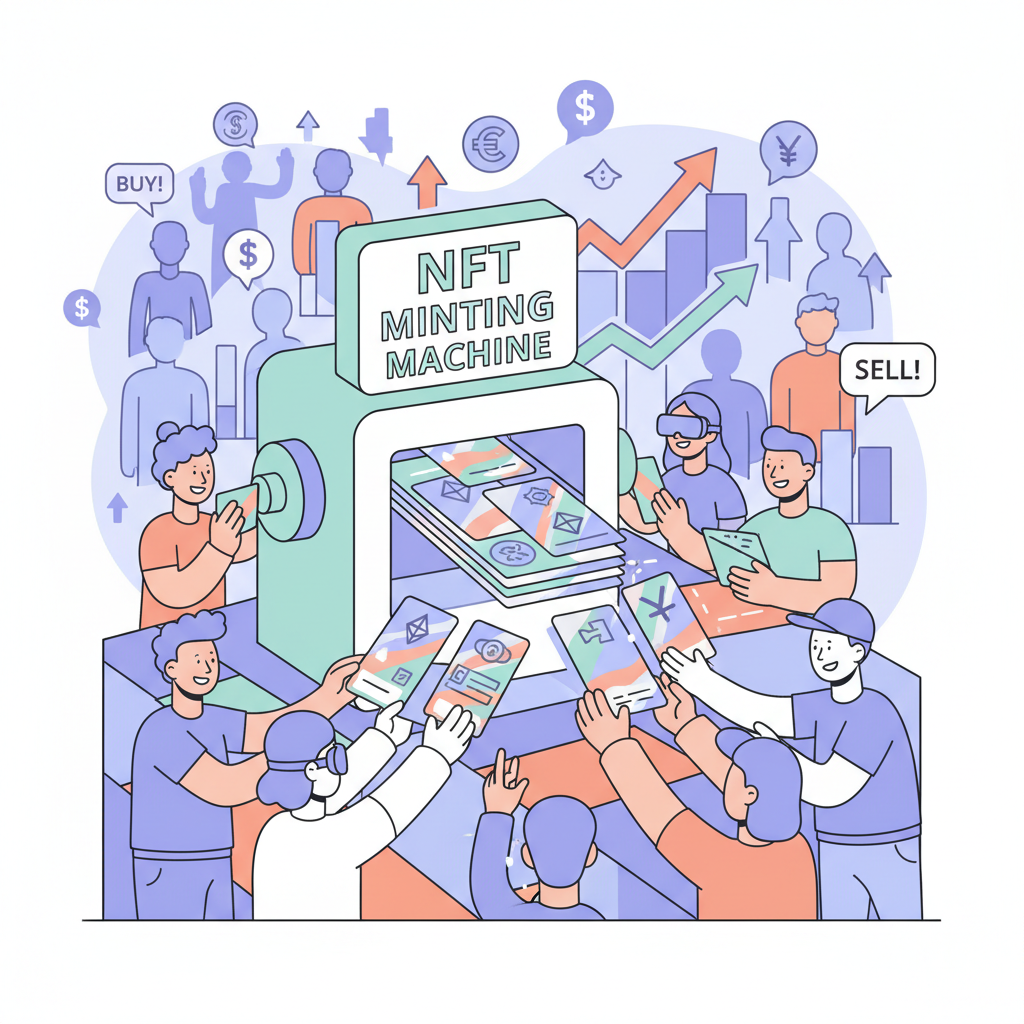 minting machine churning out shiny NFT cards, collectors grabbing them, marketplace frenzy background