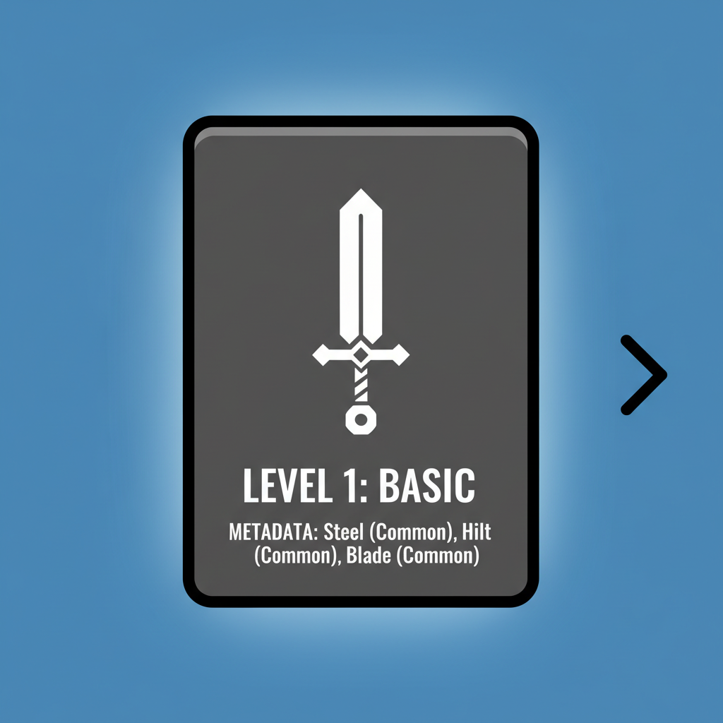 NFT card evolving from basic to legendary, levels glowing up, dynamic metadata sparks flying
