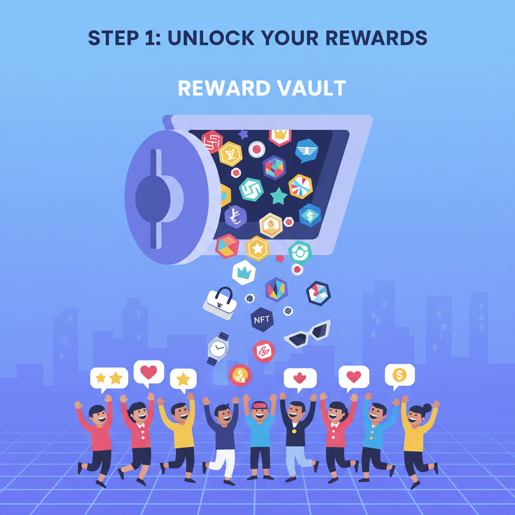 reward vault opening with tokens and prizes spilling out, NFT holders celebrating, luxury brand crossover