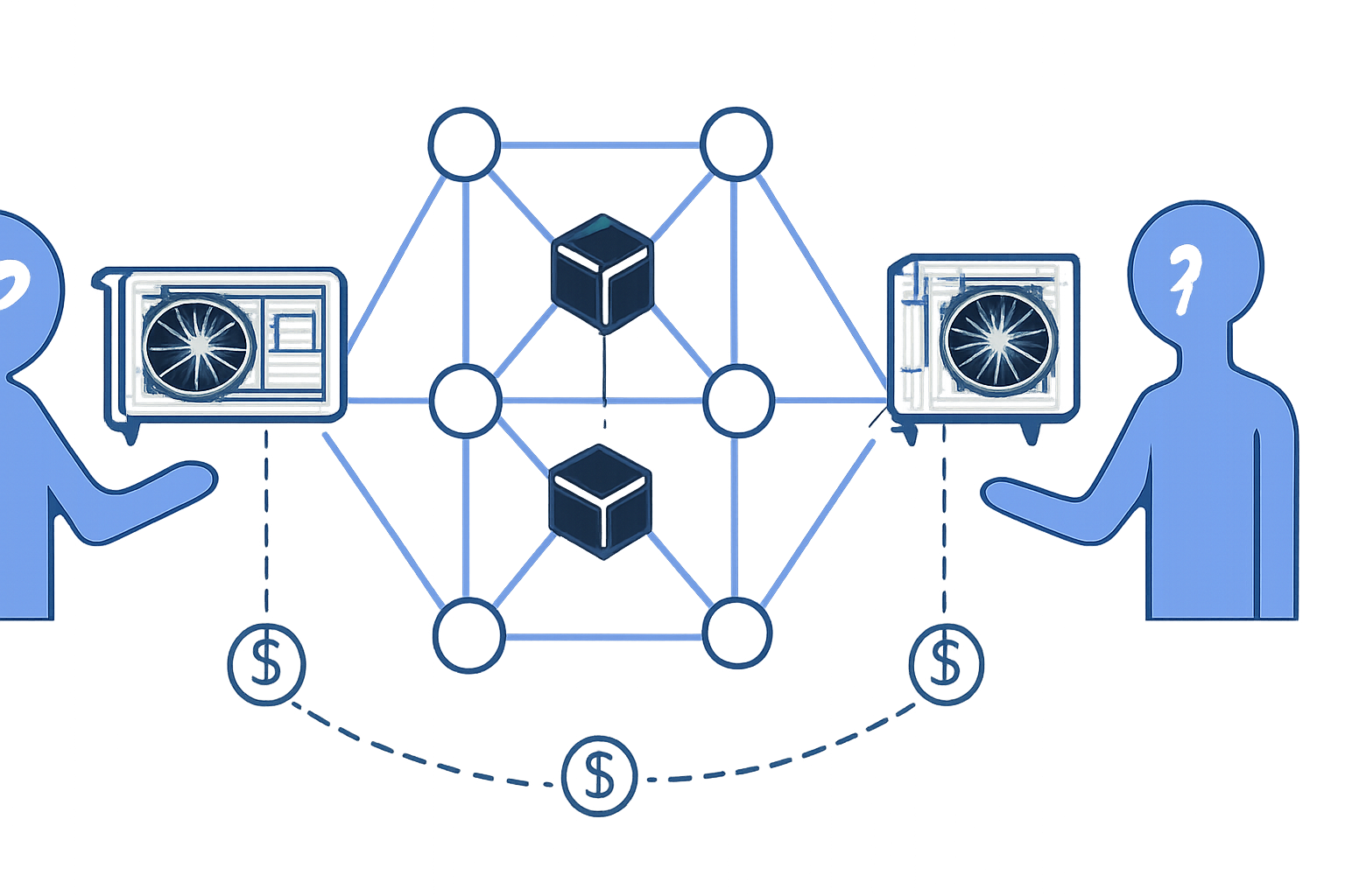 A digital illustration of autonomous AI agents selecting GPU resources from a decentralized network, with blockchain icons and transparent transactions.