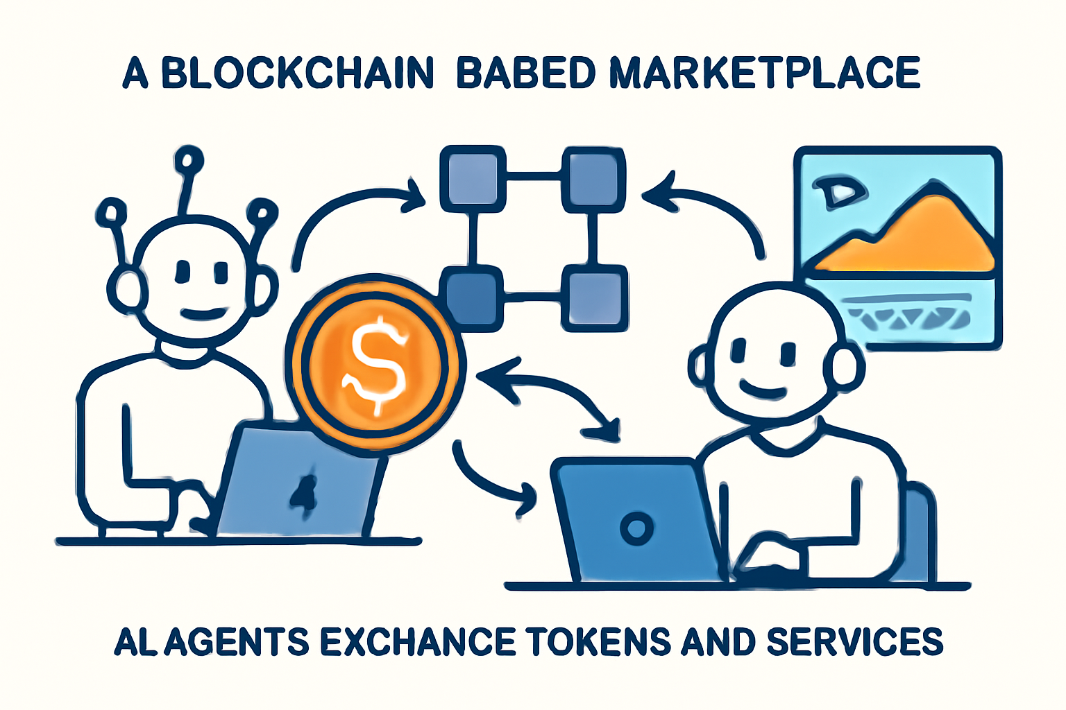 A blockchain-based marketplace where AI agents exchange tokens and services, with $AGENT coins and digital assets visible.
