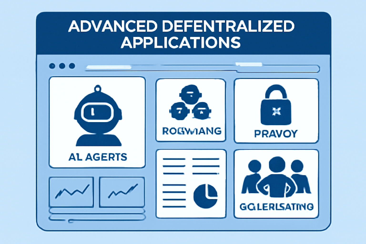 A futuristic dashboard showcasing advanced decentralized applications powered by AI agents, with visual elements representing blockchain, privacy, and collaboration.