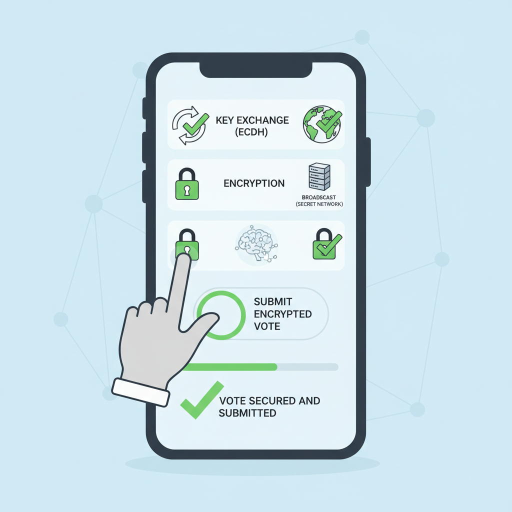 user submitting encrypted vote via ECDH in secret network app, secure lock icons, green checkmarks