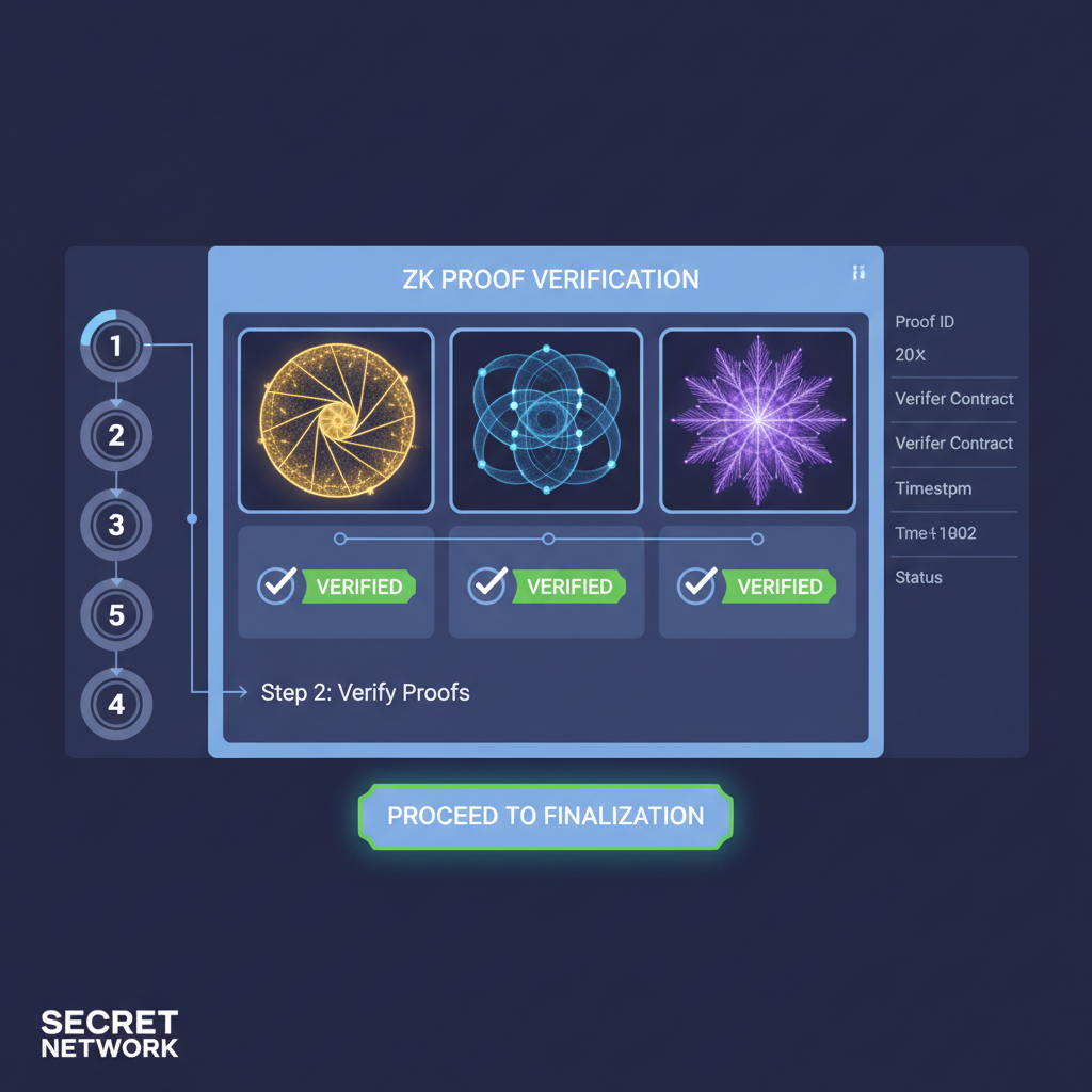 ZK proof verification dashboard on secret network, mathematical proofs glowing, verified badge