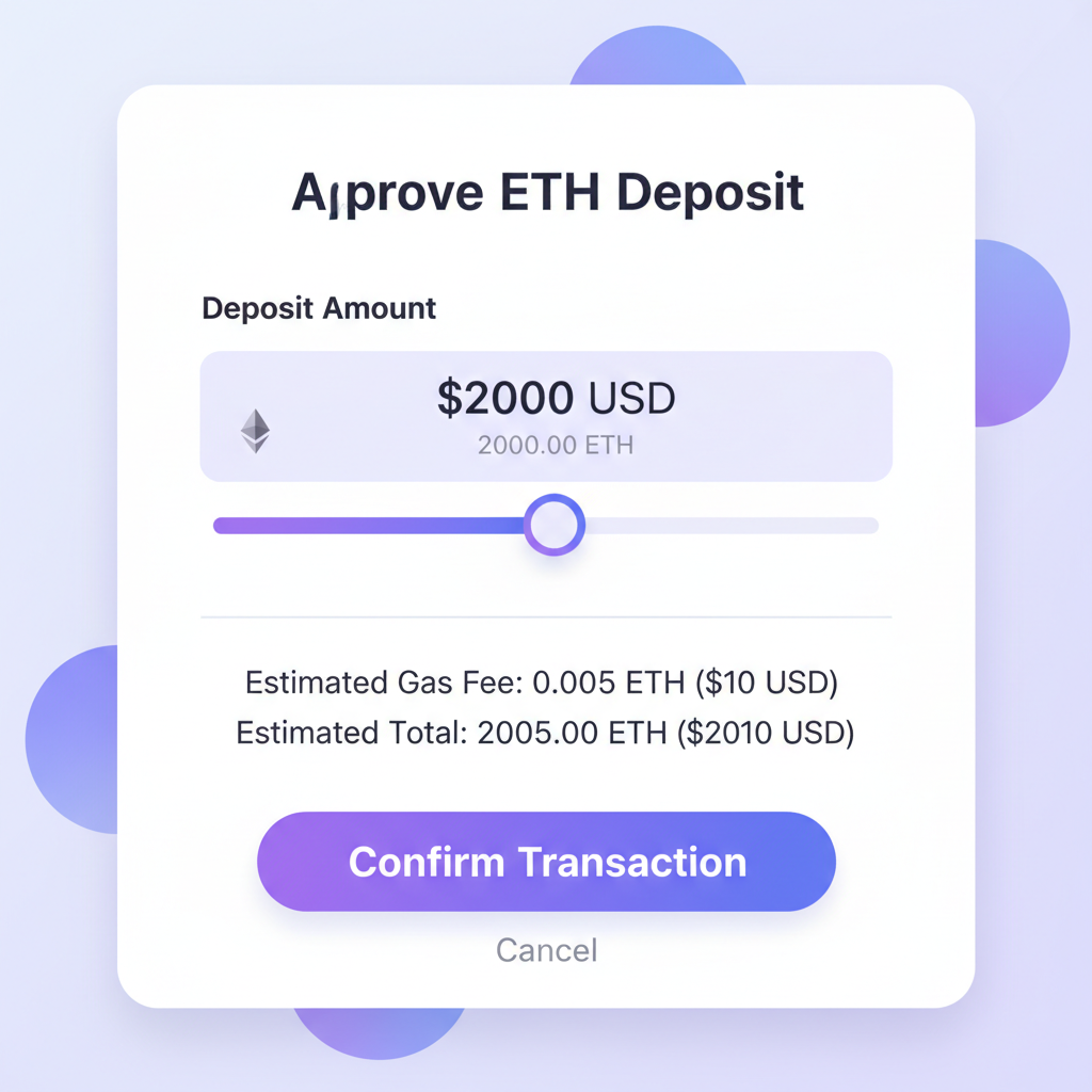 transaction approval interface in DeFi app, ETH deposit slider at $2000 price, confirmation button