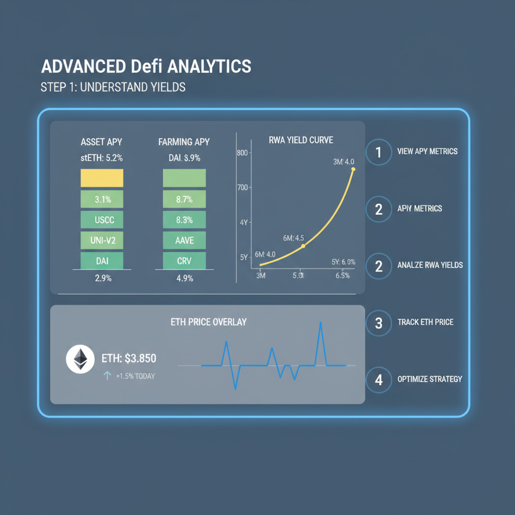 advanced DeFi analytics dashboard with APY metrics, RWA yield curves, ETH price overlay