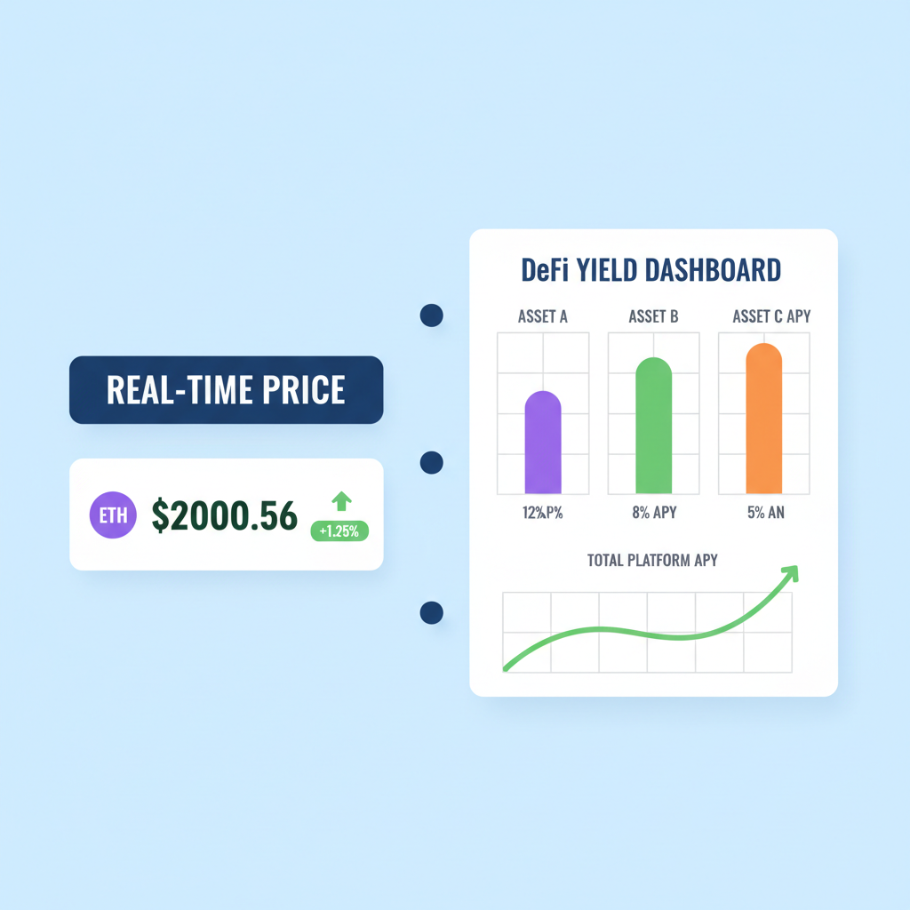 real-time crypto price ticker showing ETH at $2000.56, DeFi yield dashboard with APY graphs
