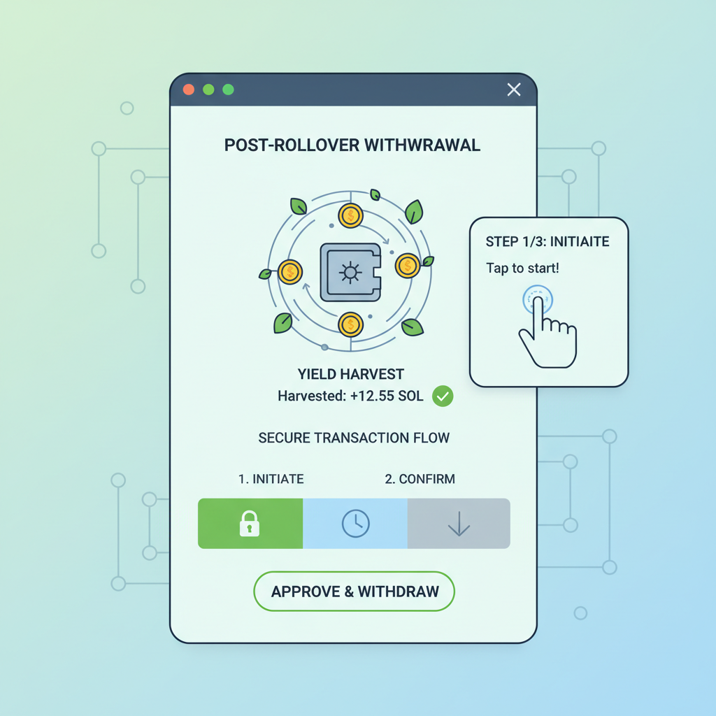 DeFi withdrawal screen post-rollover, yield harvest animation, secure transaction flow