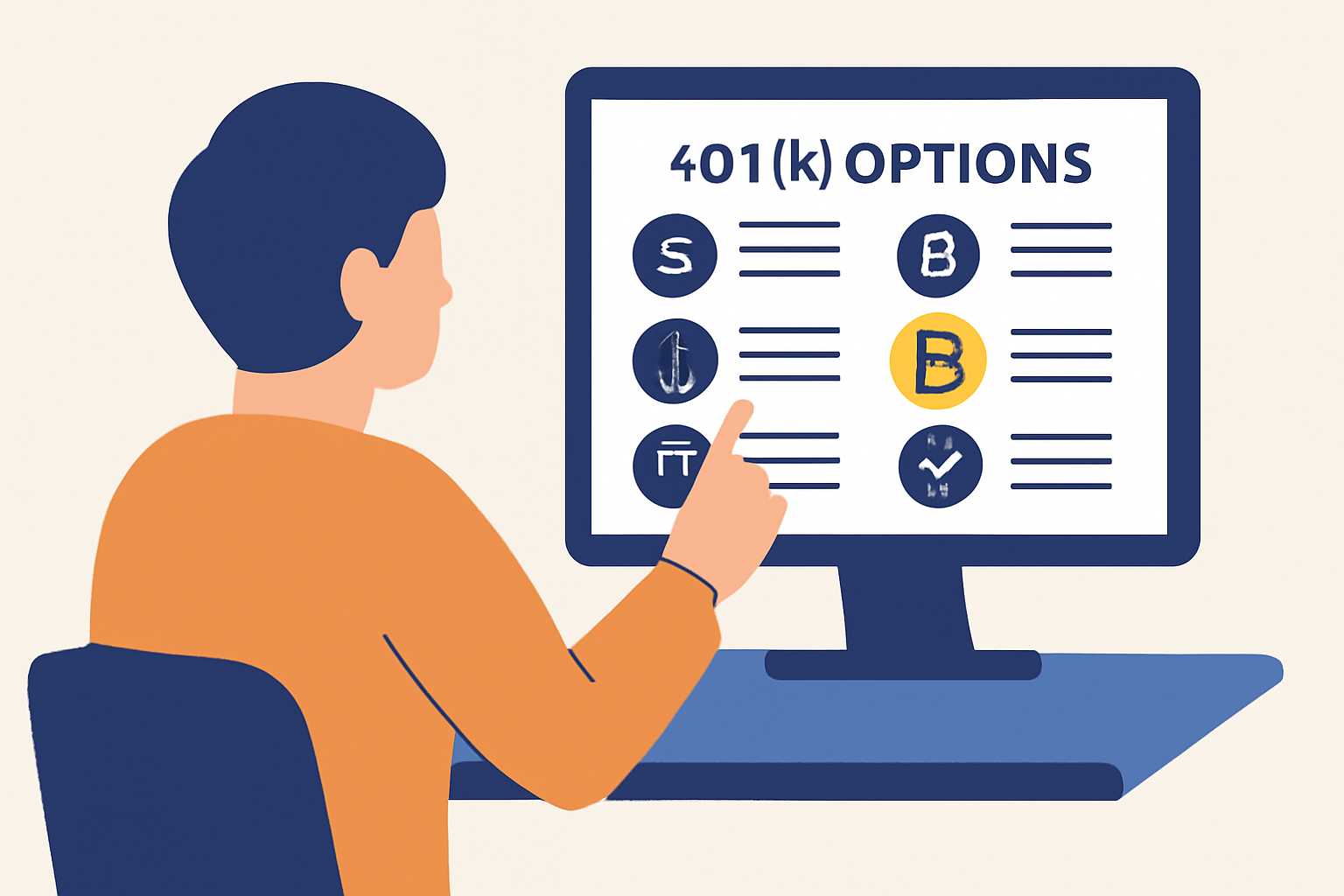 A person checking a 401(k) options list on a computer, with a highlighted Bitcoin logo among traditional investment icons.