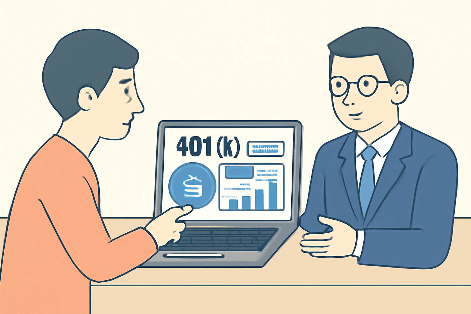 A person consulting with a financial advisor, pointing at a laptop screen showing a 401(k) dashboard with Bitcoin selected.