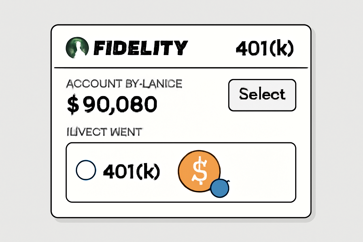 A digital dashboard showing a Fidelity 401(k) account with a Bitcoin option available for selection.
