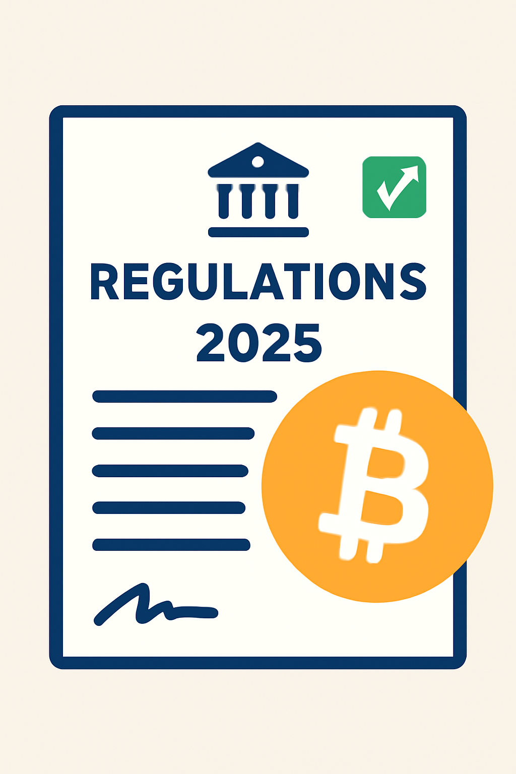 A professional illustration of a government document with a Bitcoin symbol overlay, representing updated regulations in 2025.