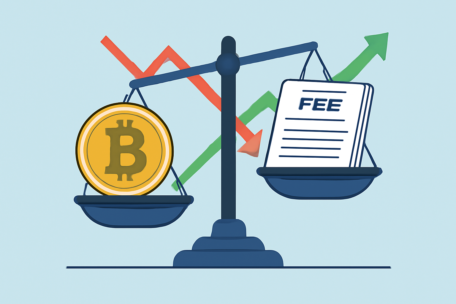 A scale balancing a Bitcoin coin on one side and a stack of fee documents on the other, with fluctuating price arrows in the background.
