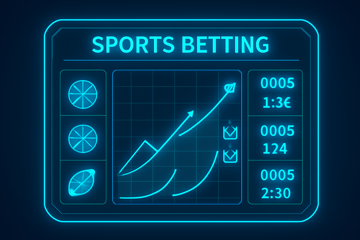 futuristic sports betting dashboard glowing with rising bonding curves, neon blues