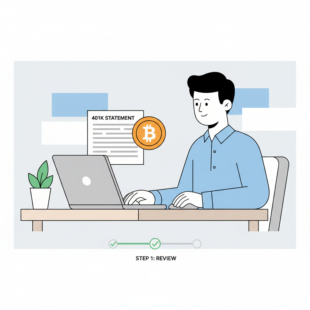 professional checking 401k documents on laptop with bitcoin icon, clean modern illustration