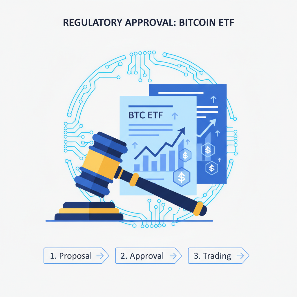 gavel and regulatory documents with bitcoin ETF charts, authoritative blue tones