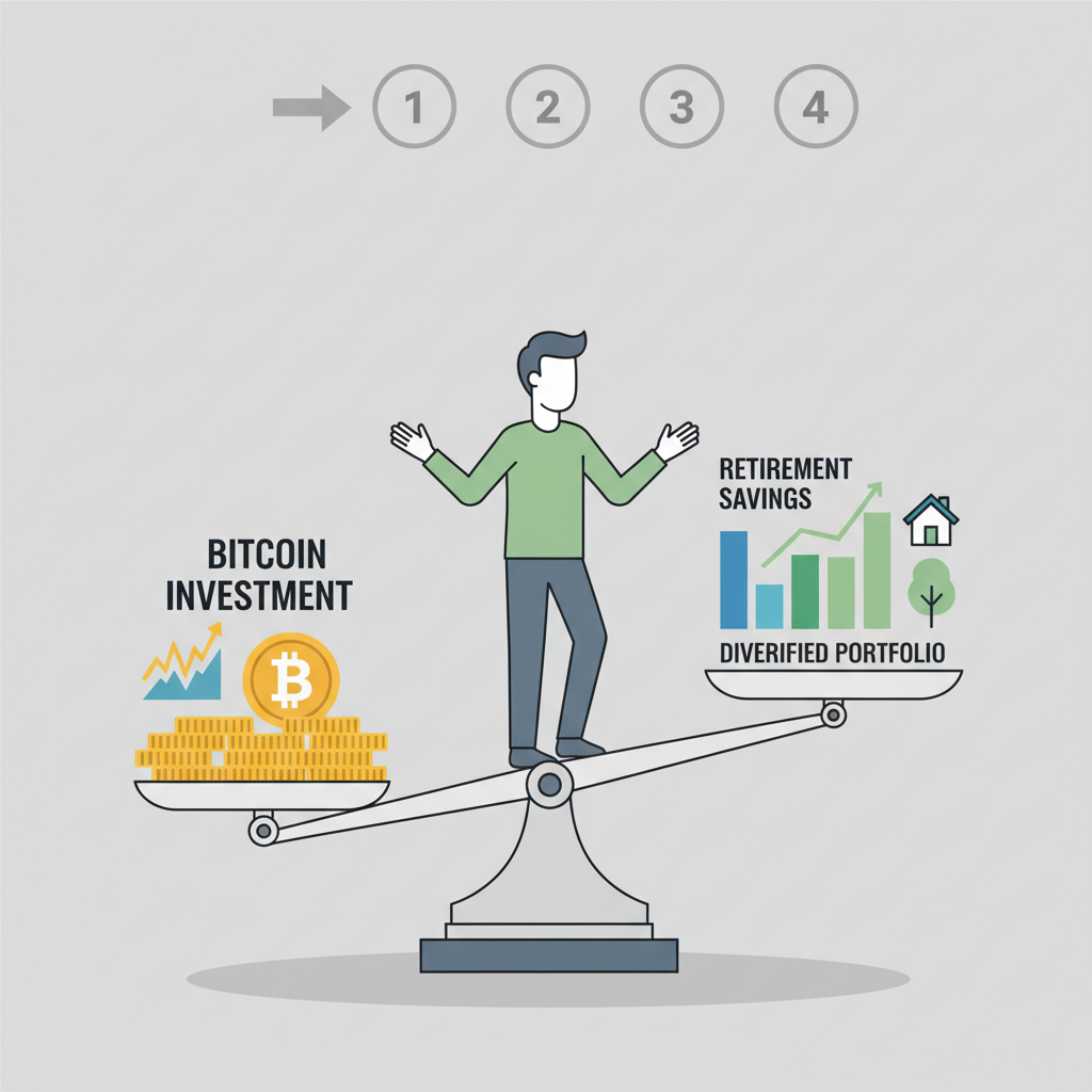 person balancing risk scale with bitcoin and retirement charts, balanced composition